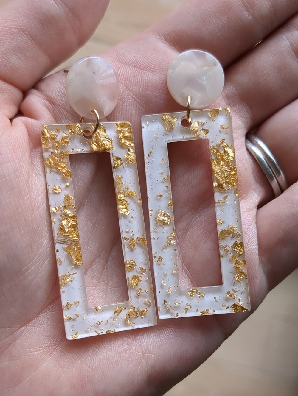 Lightweight Plastic Rectangle Earrings White and  Gold Tone